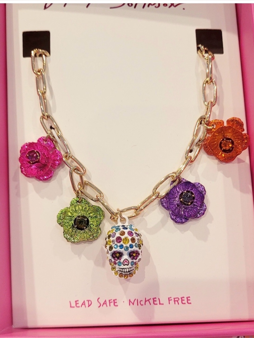 NIB Betsey Johnson Day of the Dead Sugar Skull and Colorful Flower Necklace